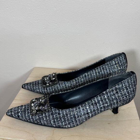 Stuart Weitzman Kitten Heels Tweed Crystal Rhinestone Embellished Pointed Toe 8 - Picture 2 of 9